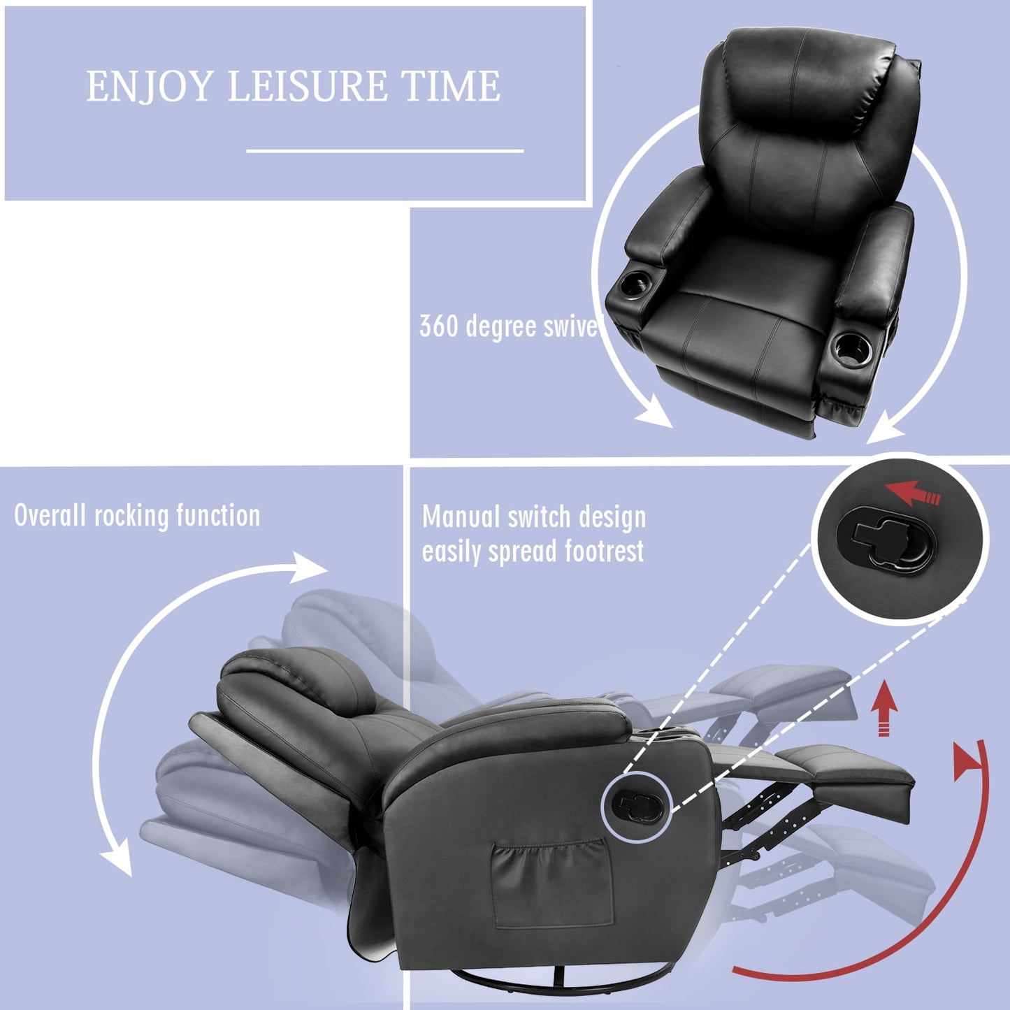 Homall Heated Swivel Rocking Recliner Chair Massage PU Leather 360 Swivel Rocker Recliner Living Room Chair Home Theater Seating Heated,Pu Leather Black