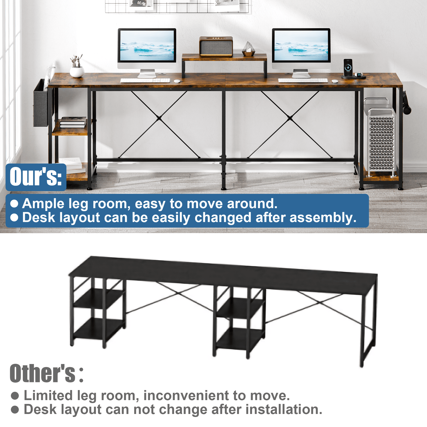 GIKPAL 95in Reversible Computer Desk, L Shaped Desk Office Desk with 3 Shelves/Monitor Stand/ Storage Bag/Hooks for Home Office, Brown