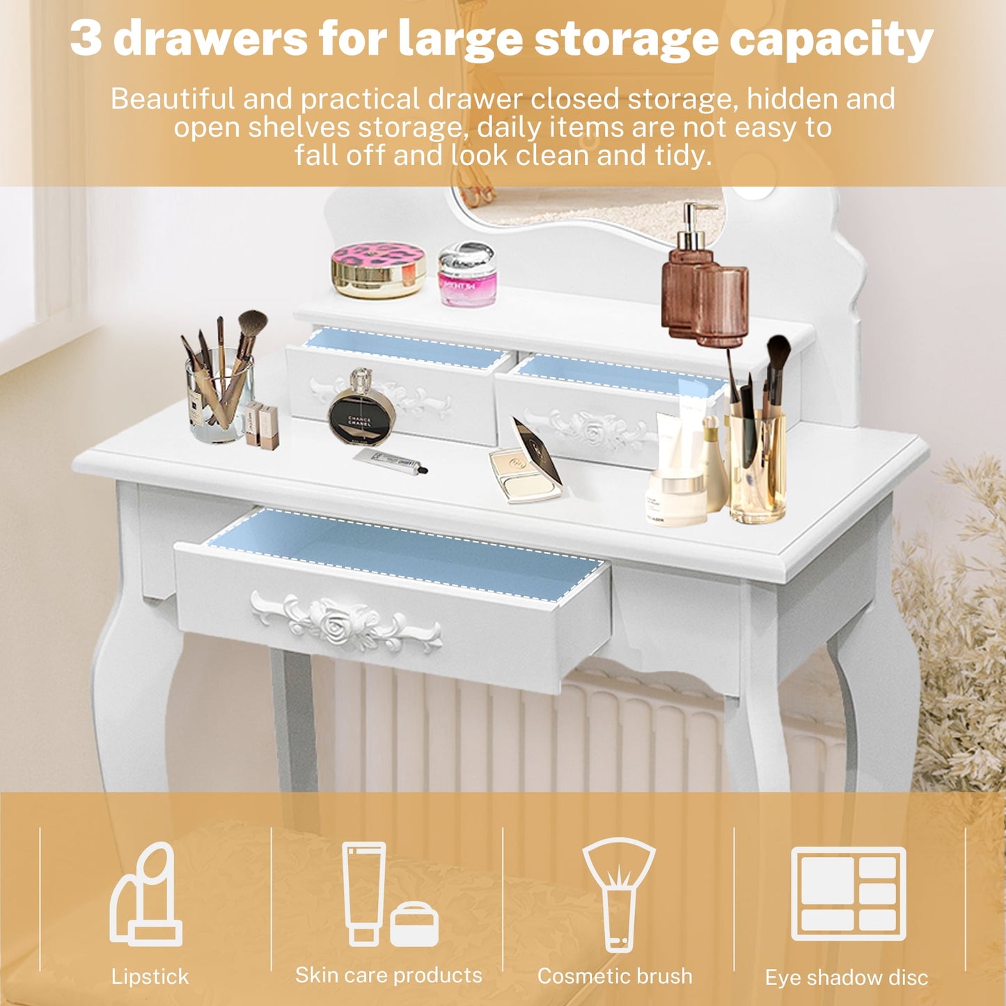 HSUNNS Modern Vanity Set, 4 Drawers Makeup Desk with Cushion Stool & Storage Shelves, Sliding Mirror, Black