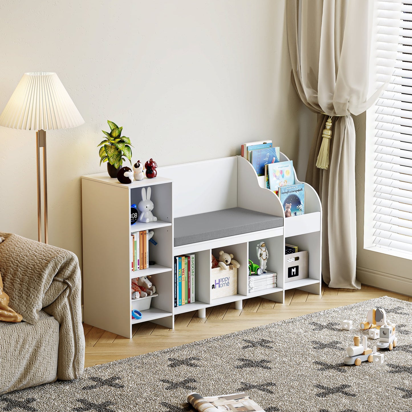 Homfa Kids Bookshelf, 7 Cube Storage, Wooden Seat Nook, Adjustable Shelves, 31.5in H x 54.5in W, White