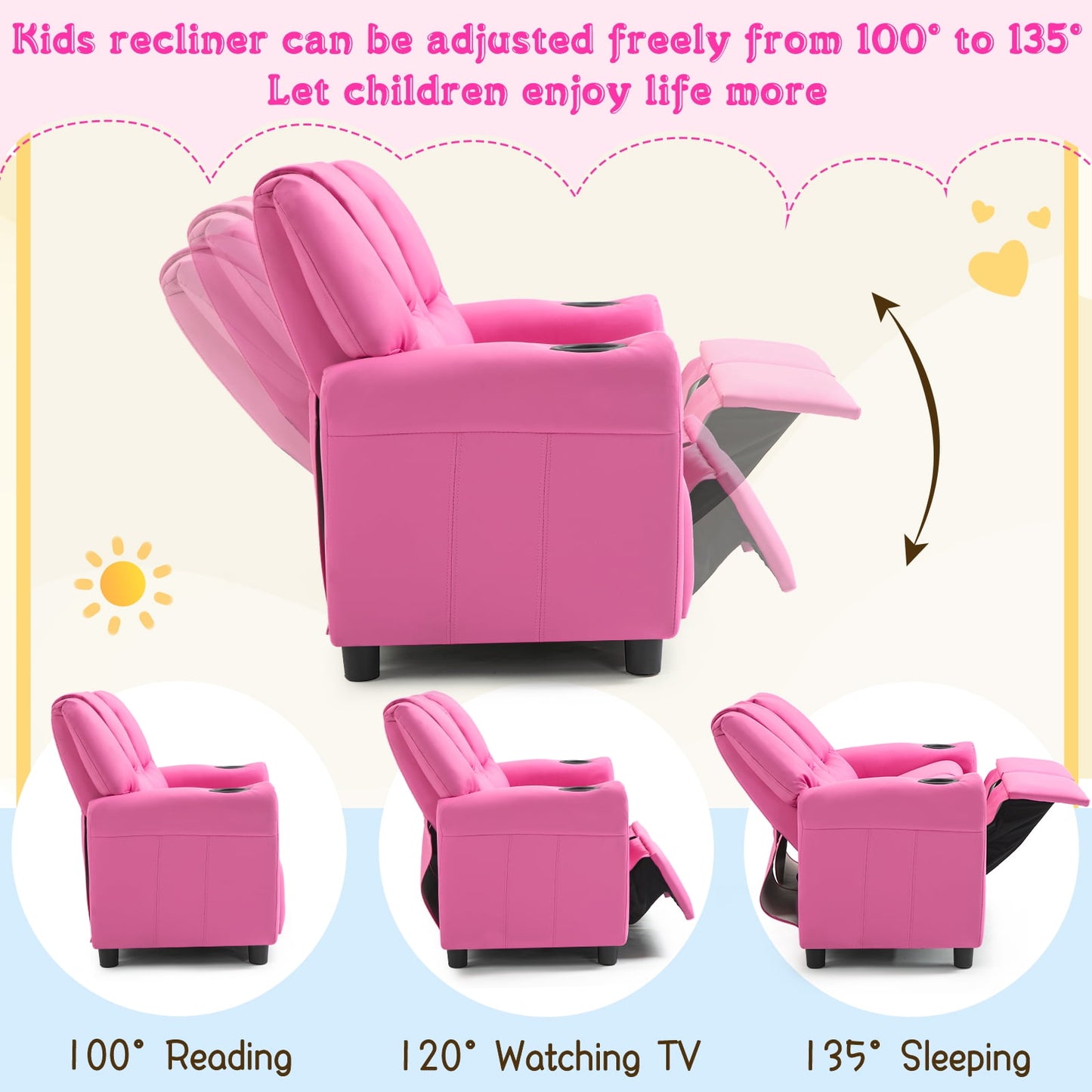 AVAWING Double Kids Recliner Chair, PU Leather Kids Loveseat, Lounge Sofa Chair, Pink