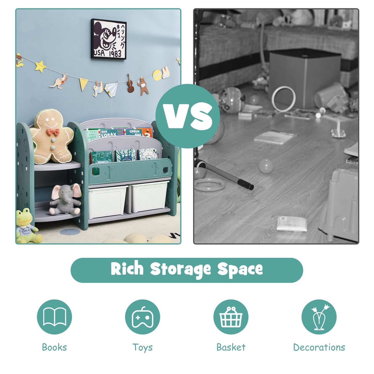 Infans Kids Toy Storage Organizer w/ 2-Tier Bookshelf & Plastic Bins