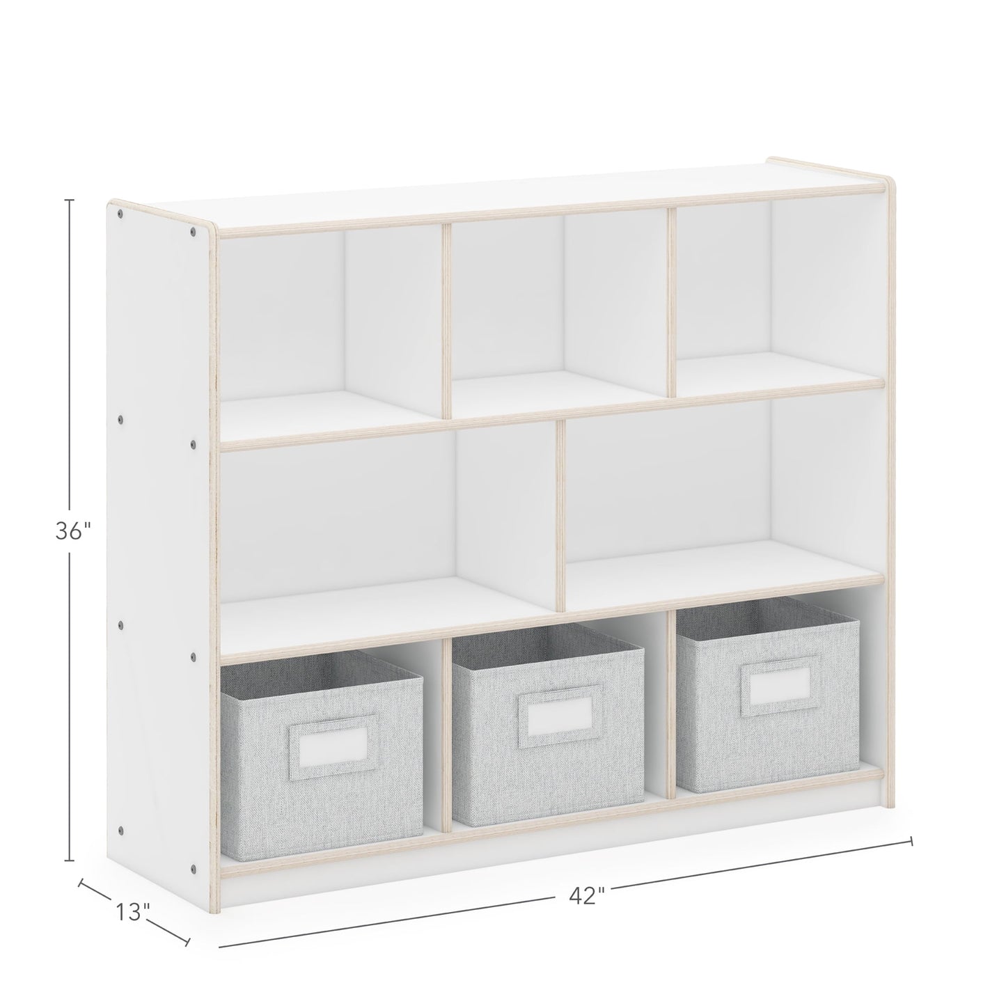 Guidecraft EdQ 3-Shelf 8-Compartment Storage 36in - White: Wooden Playroom Furniture with Cubbies and Bins for Kids Books and Toys