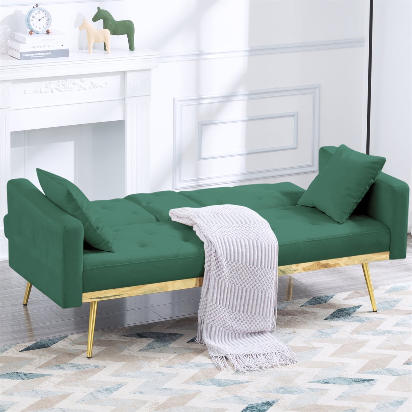 Aukfa Velvet Futon Convertible Sofa Bed for Home Office, 2 Pillows& Cup Holders, Tufted Back, Green