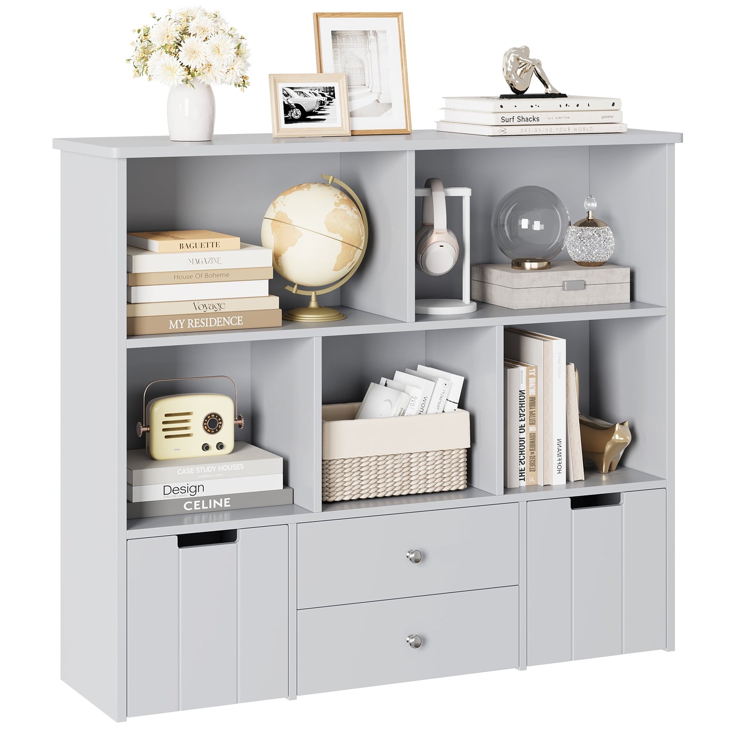 Homfa Kids Toy Storage Organizer, 5 Cubby Children Bookcase and Bookshelf with 4 Drawer on Wheels for Playroom Nursery School, Gray