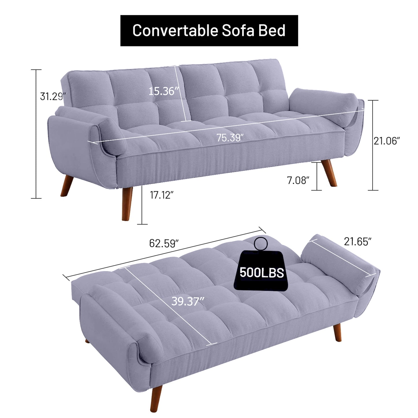 Aukfa 75in Flared Arm Futon Convertible Sofa Bed, Curved Sleeper Sofa for Home Office, Corduroy, Gray