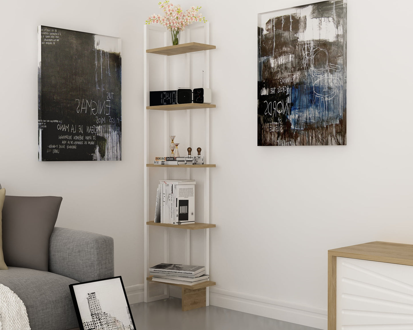 Alice 71in 5-Shelf Corner Bookcase, White Oud