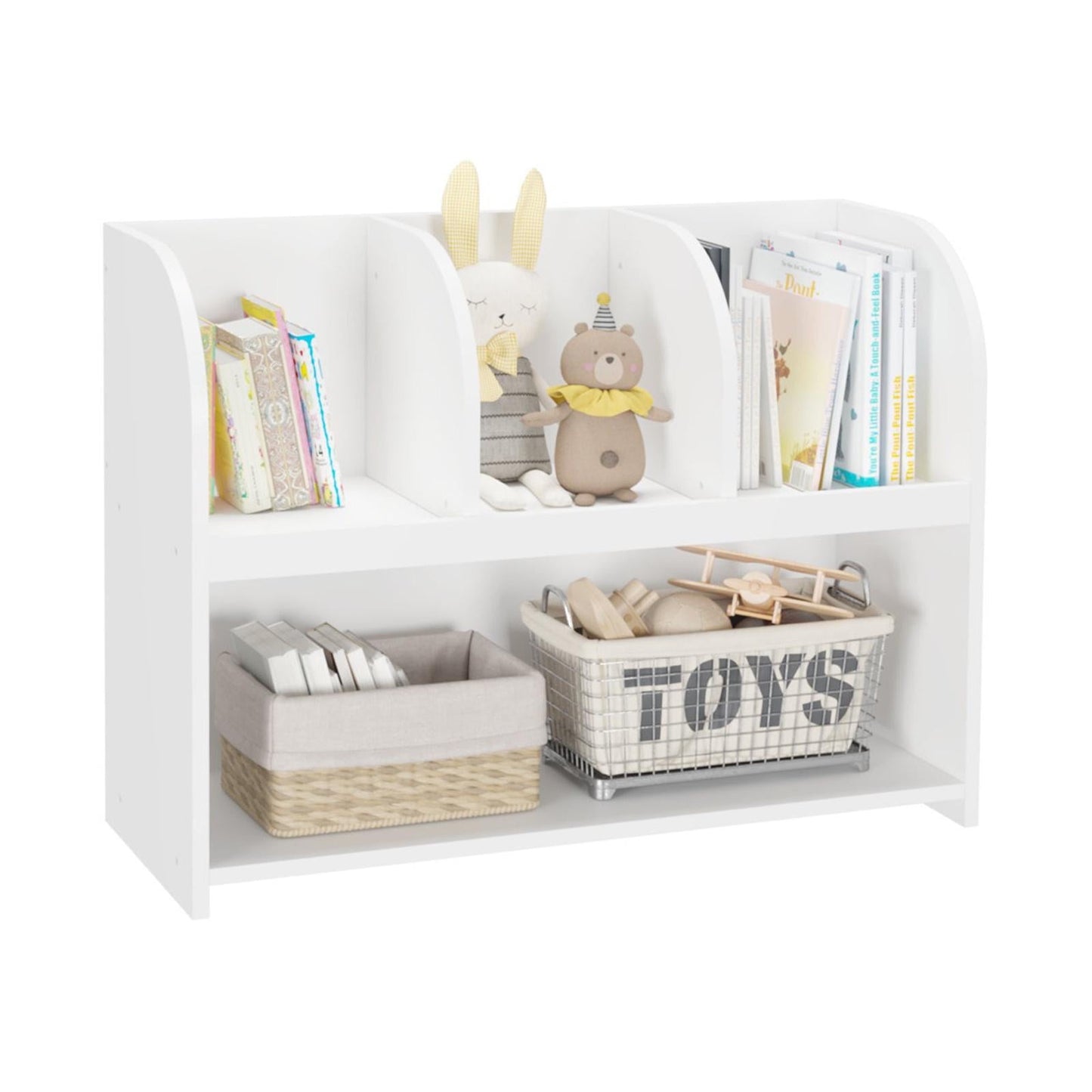 Glavbiku Kids 2 Shelves Bookcase with 4 Compartments,Wood Toy Organizer for Playroom,Nursery,White