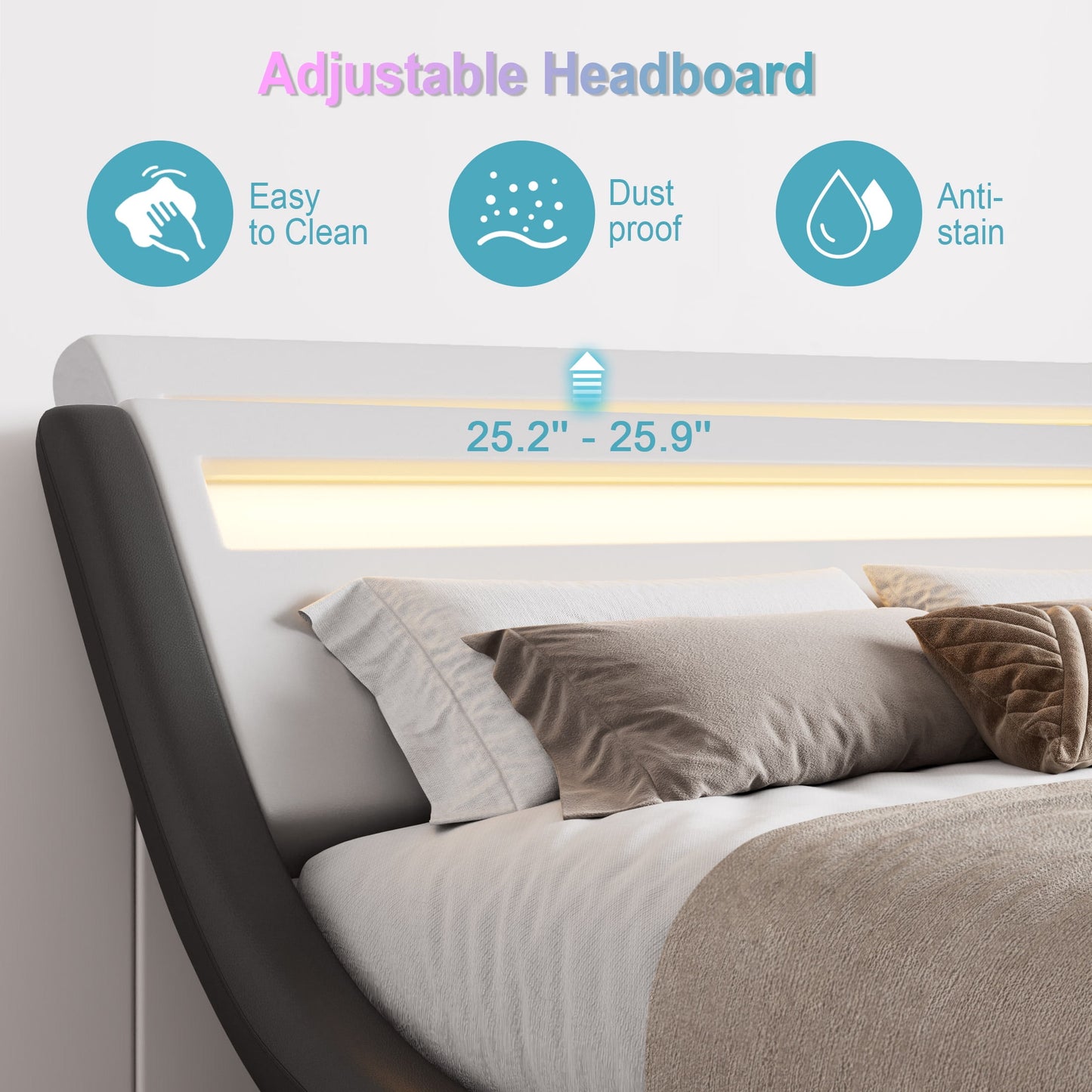 Amolife Deluxe Upholstered Bed Frame Queen Size with LED Lights Headboard, Black+White