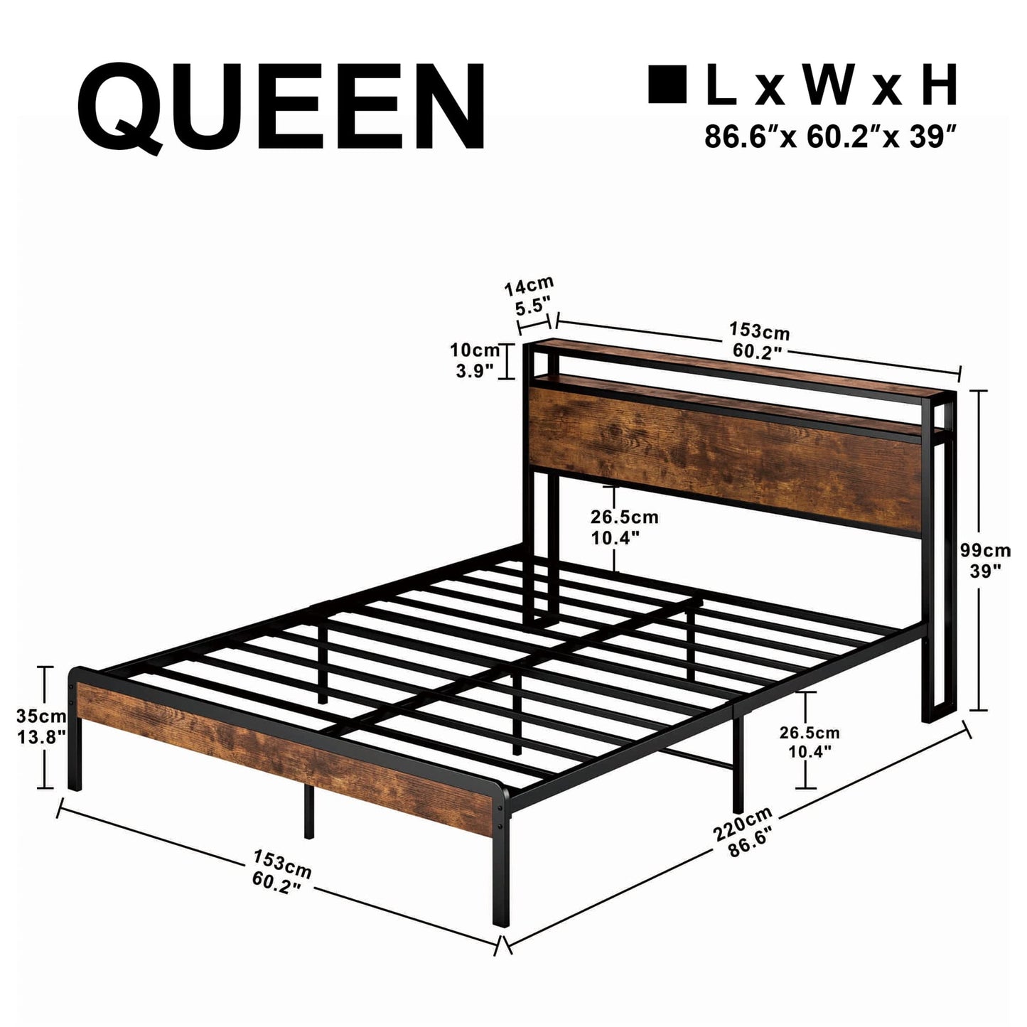 Aukfa Metal Queen Size Bed Frame with USB Charge Port, Wood Storage Headboard Shelf, Black