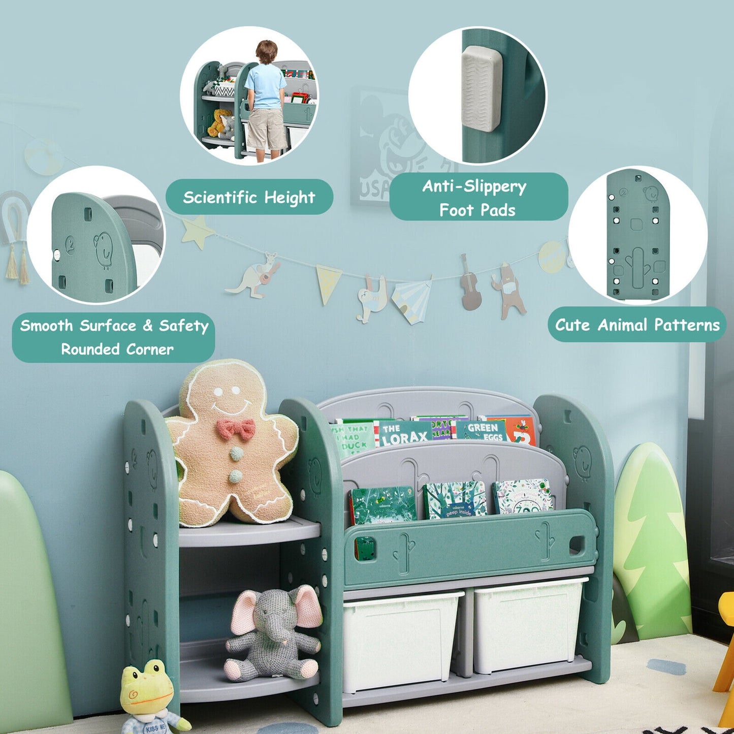 Gymax Kids Toy Storage Organizer w/ 2-Tier Bookshelf & Plastic Bins