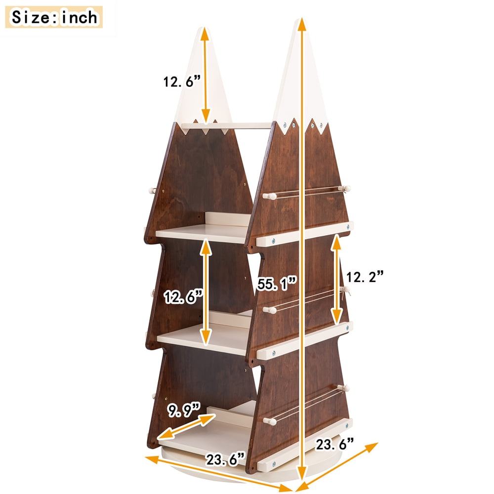 360¡ã Christmas Rotating Bookcase, Wooden Storage Rack Bookshelf with 4 Tier Shelf, Book Shelf Display Organizer Storage Book Display Case Bookrack for Kids Room Study Room, Space-Saving Design