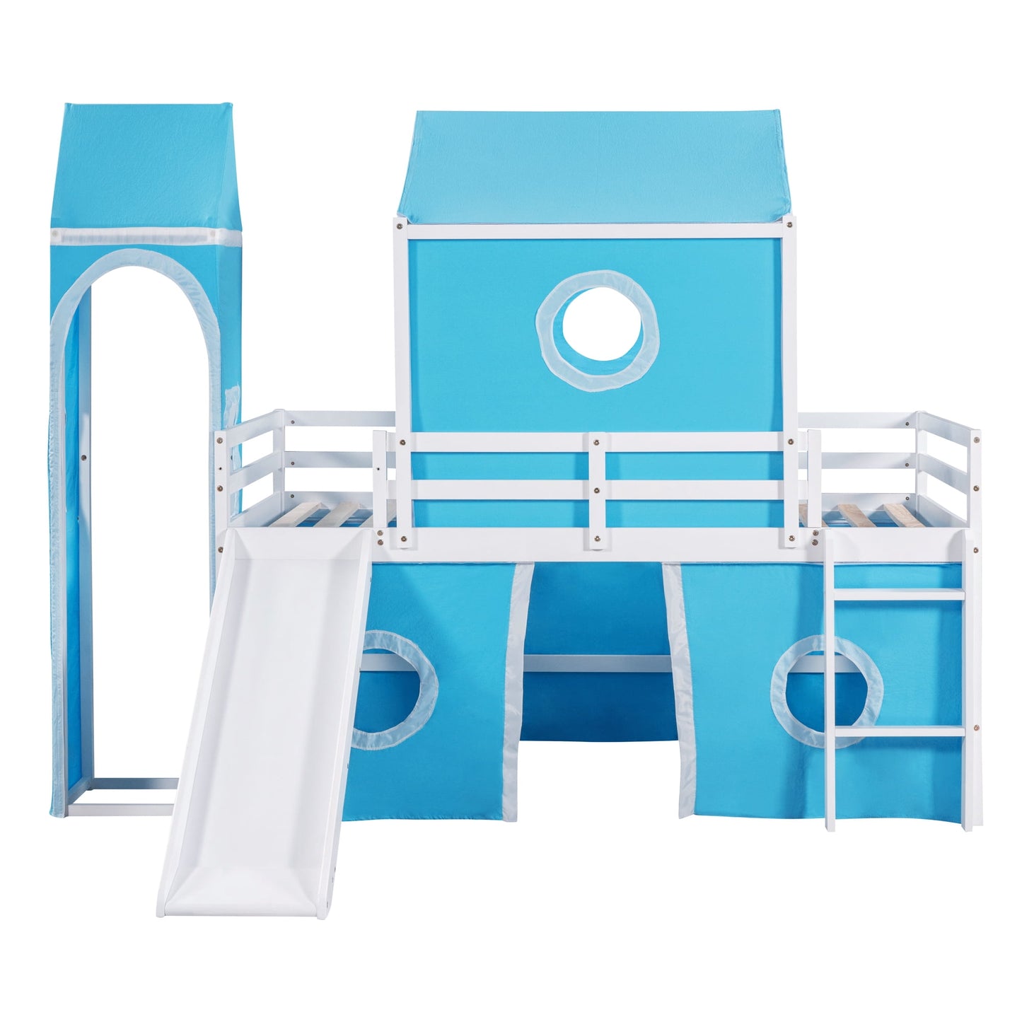 Aukfa Low Loft Bed with Slide - Twin Size Castle Bed with Tent for Kids - Blue