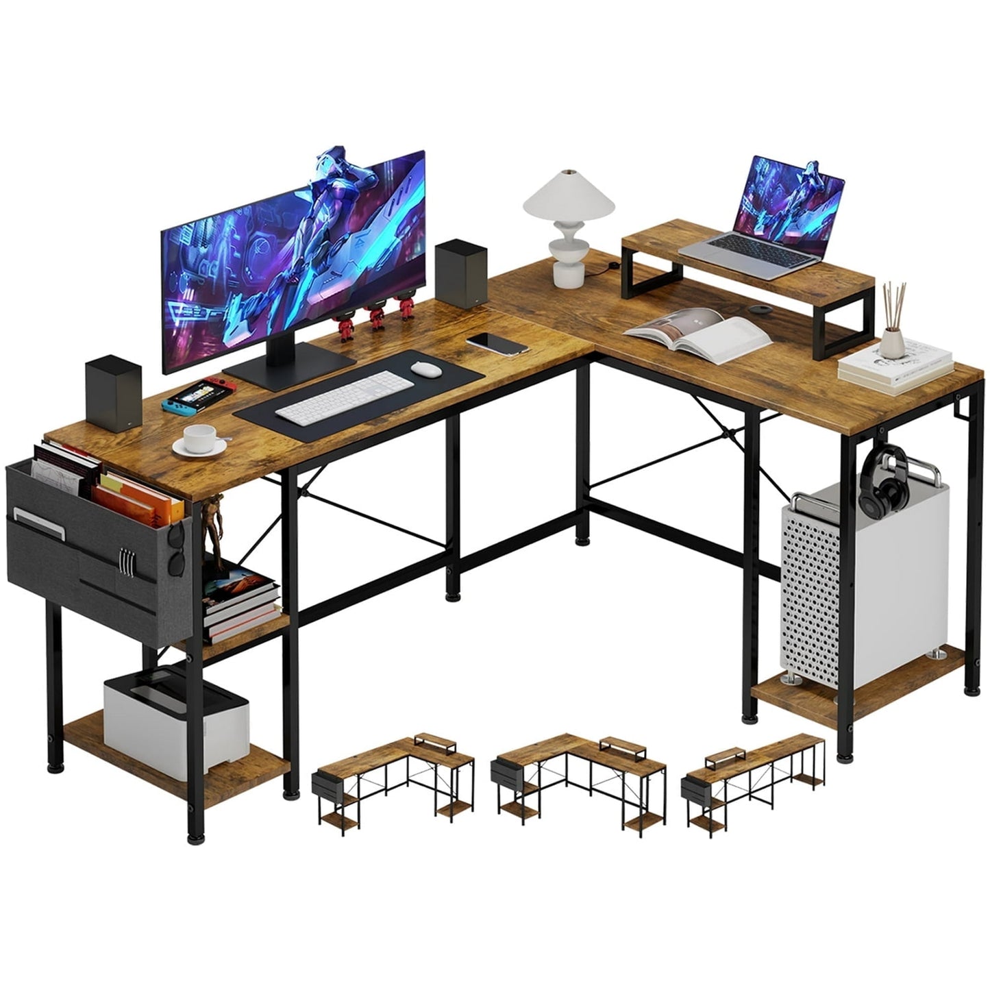 GIKPAL 59 Inch Computer Desk, L Shaped Desk with Monitor Stand, Office Desk with 3 Shelves and Storage Shelf, Home Office Desk, Rustic Brown