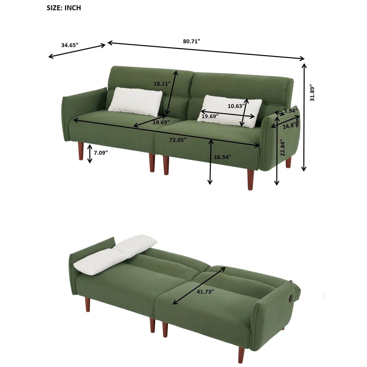 Aukfa 81in Oversized Futon Convertible Sofa Bed with USB Port for Living Room, 2 Pillows, Green