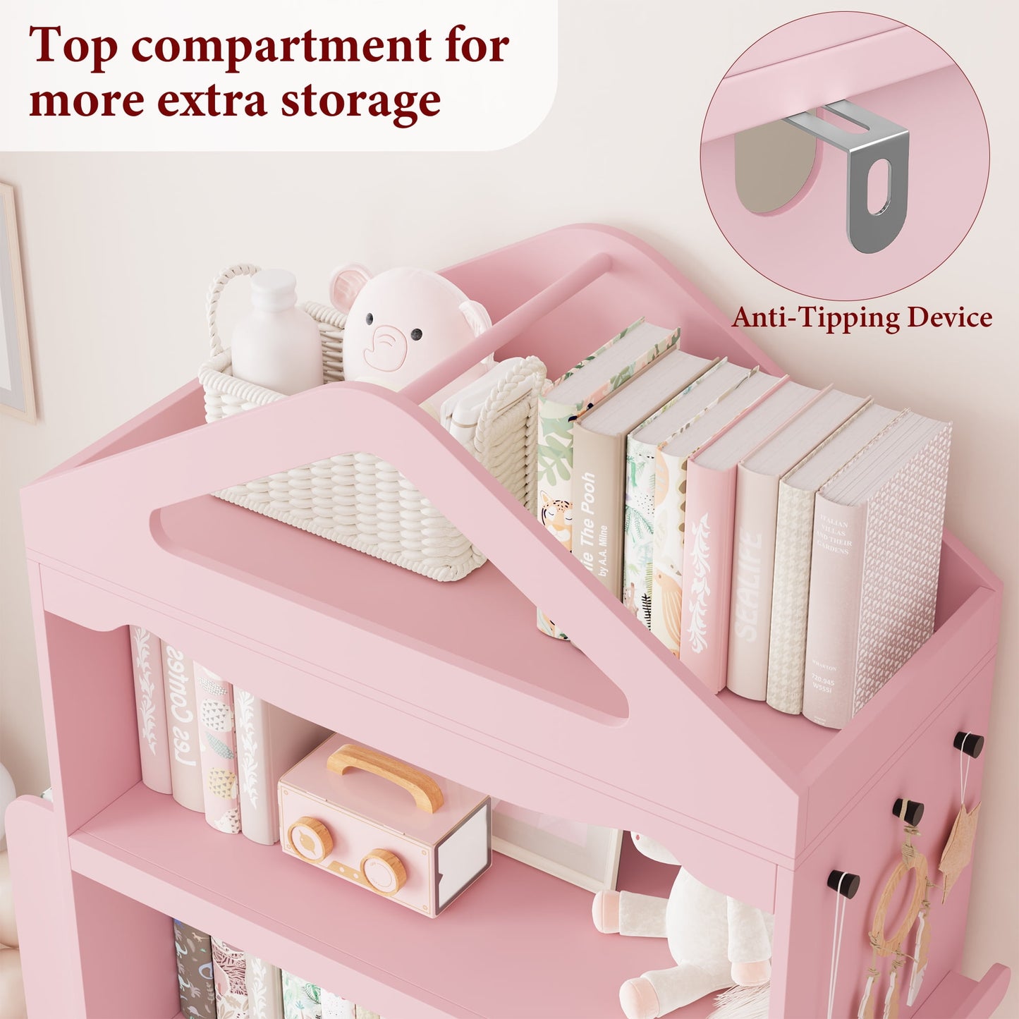 Homfa 71in Tall Kids Bookcase with 2 Drawers & 3-Tier Shelves, Wooden Triangular Top Bookshelf with Side Book Racks for Kids Room, Pink