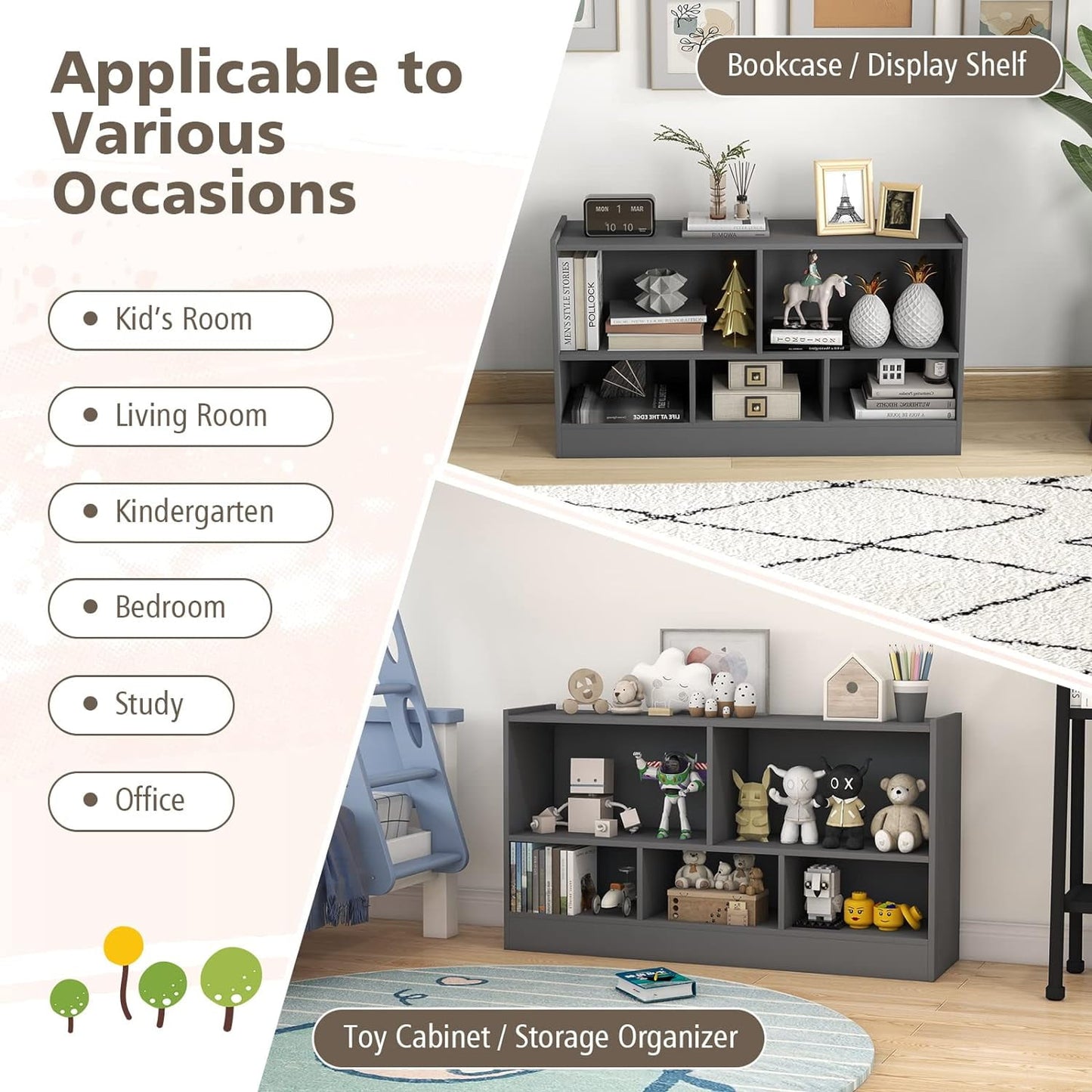 HOMEZY Wooden Montessori Shelf for Kids, 5-Section Storage Cabinet, 2-Tier Open Kids Bookshelf, Toy Storage Organizer for Playroom, Classroom, Grey