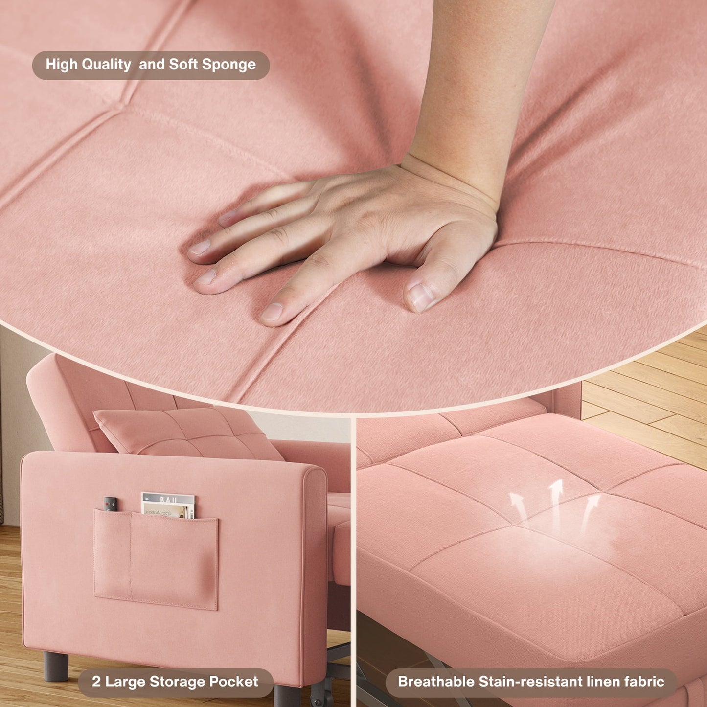 3 in 1 Convertible Chair Bed,Lofka Lounger Sleeper Chair Bed, Linen Sofa Bed Sleeper Armchair,Dream Pink