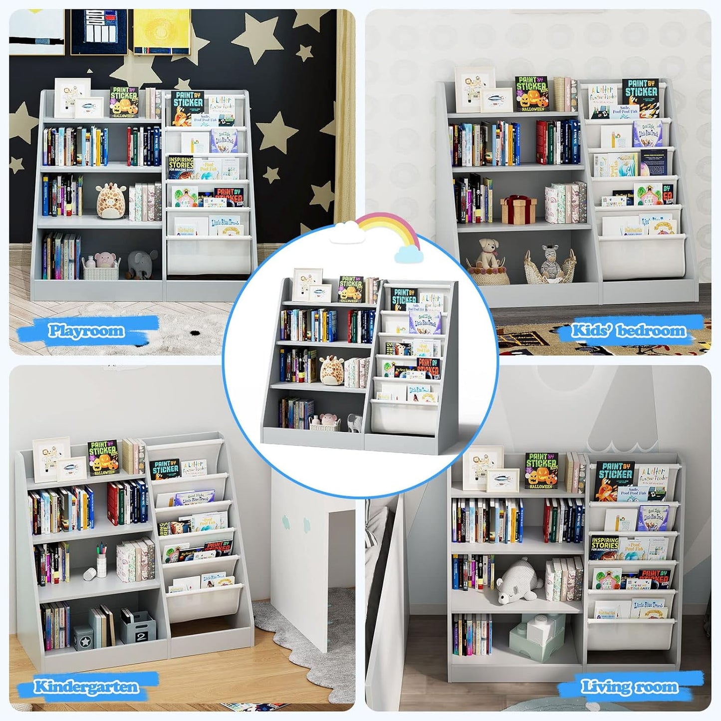 Gray 4 Tier Kids Wooden Bookshelf,Five Layer Sling Toddler Front Facing Bookcase,Baby Kids Storage Book Rack,Book and Toy Organizer Cabinet,Child Book Display Playroom Nursery Bedroom