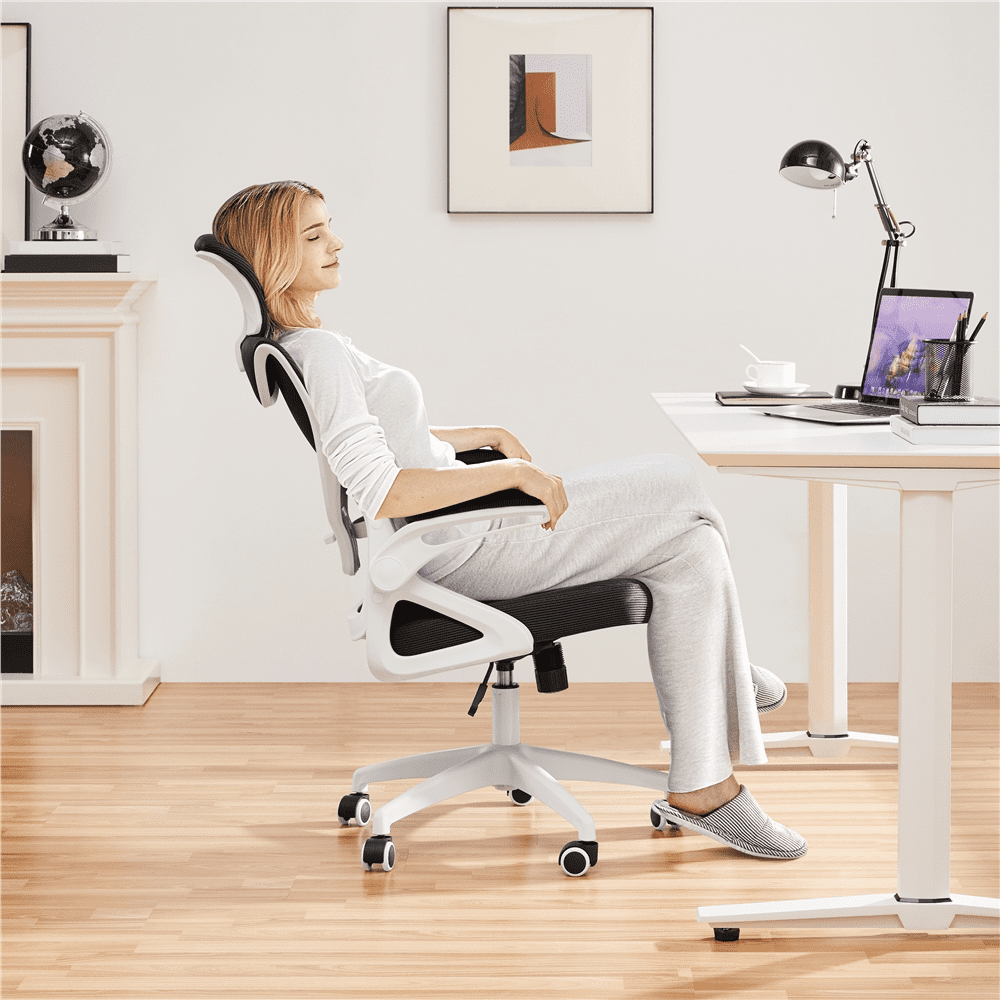 Alden Design High Back Ergonomic Mesh Office Chair with Adjustable Padded Headrest, White/Black