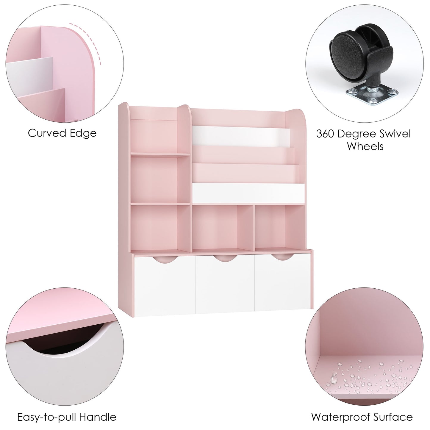 Homfa Kid's Large Bookshelf with 3 Movable Drawers, 5-Cube Bookcase with 4-Tier Display Stand, Toy Storage Organizer for Bedroom Playroom, White Pink