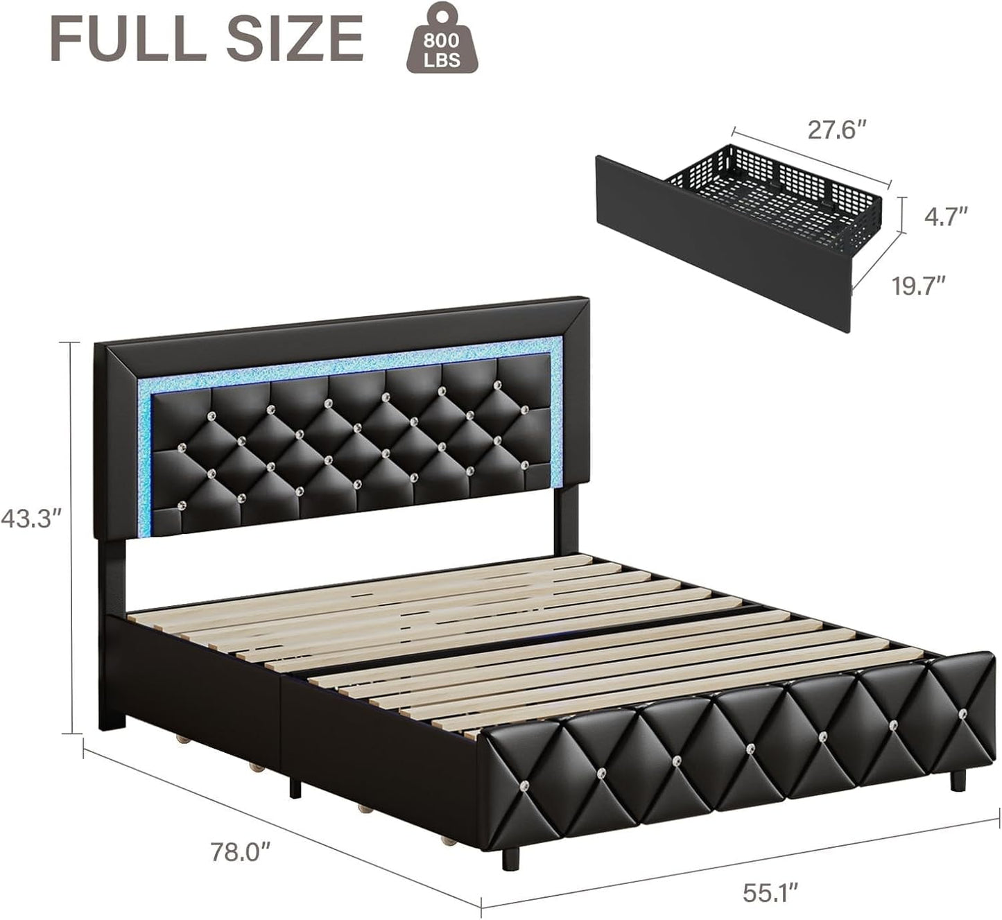 4 EVER WINNER Full Size LED Bed Frame, Black Full Bed Frame with LED Light Headboard, 4 Storage Drawers Upholstered Platform Bed Frame, Black
