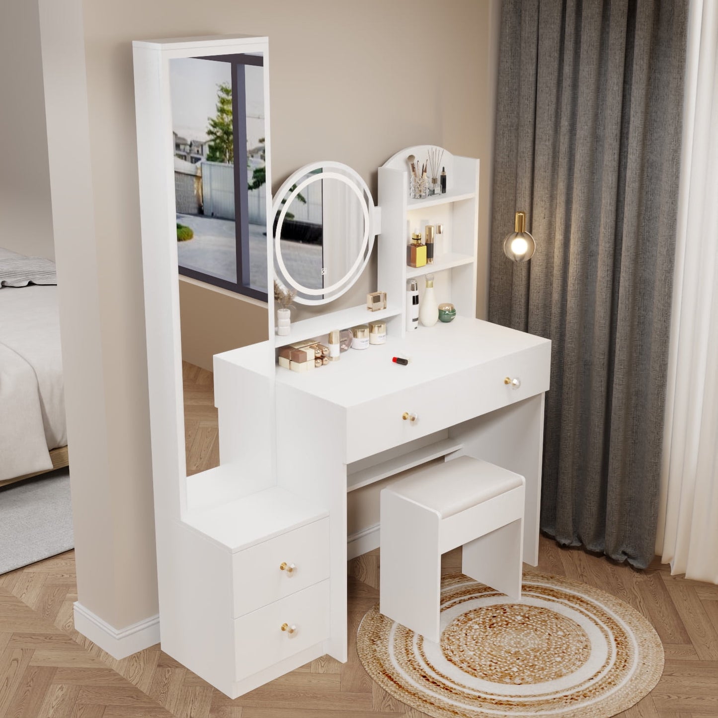 Aukfa Makeup Vanity Set Dressing Table with Lights Full Mirror & Stool for Girls - White