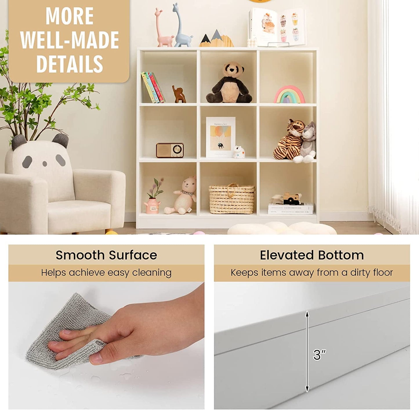 HOMEZY 9-Cube Bookcase White - 4-Tier Freestanding Open Bookshelf with Anti-Tipping Kit, Modern Floor Display Shelving, Wood Cube Storage Organizer for Living Room, Kid's Room, Bedroom