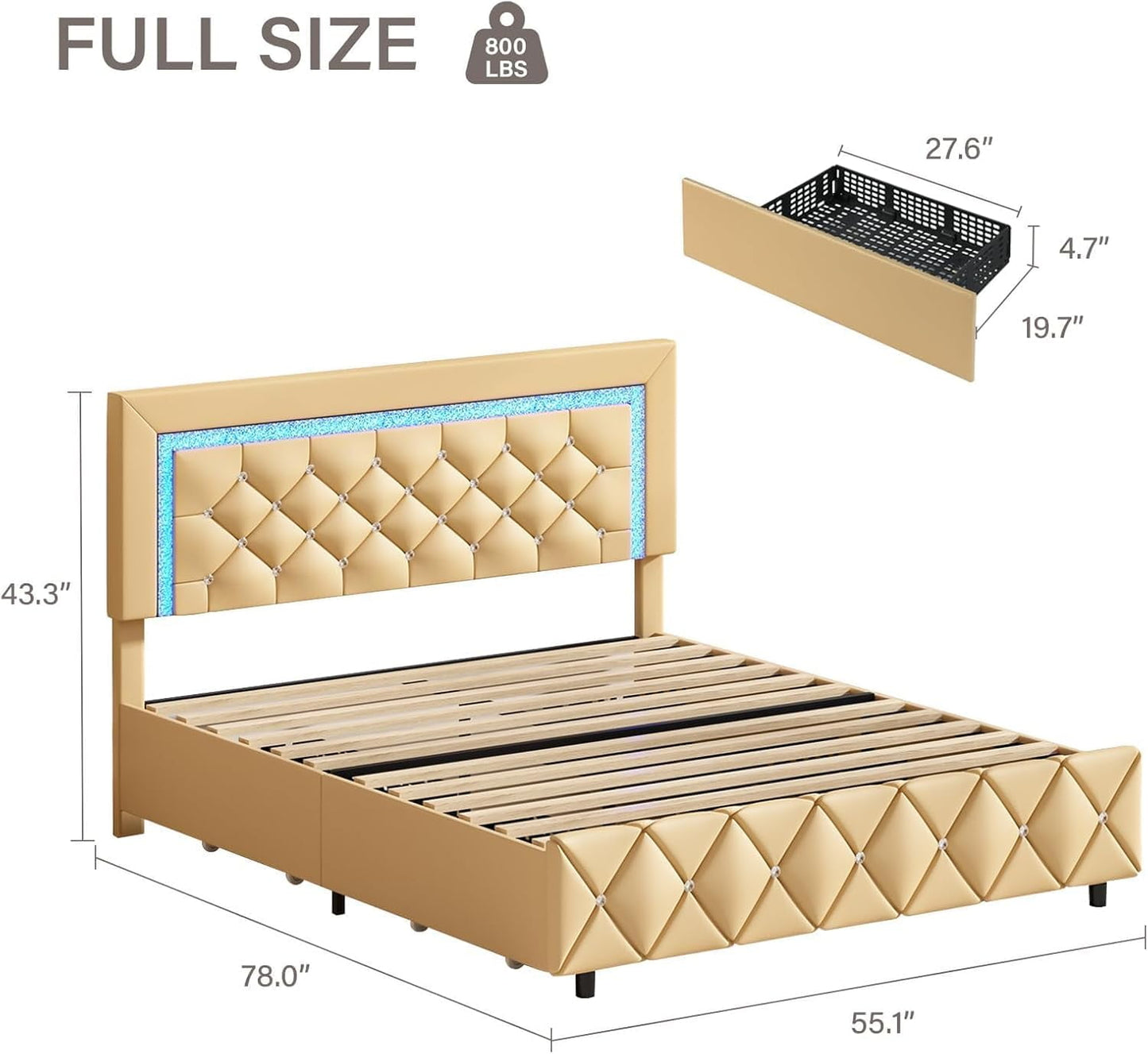 4 EVER WINNER Full Size LED Bed Frame with 4 drawers, Full Bed Frame with LED Light Headboard, Modern Upholstered Bed with Diamond Headboard and Footboard, Yellow