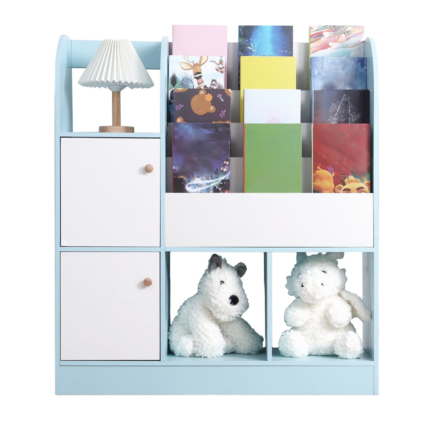 GZKN Kids Bookshelf with 4-Tier Book Slots 3 Open Shelves and 2 Drawers Display Stand