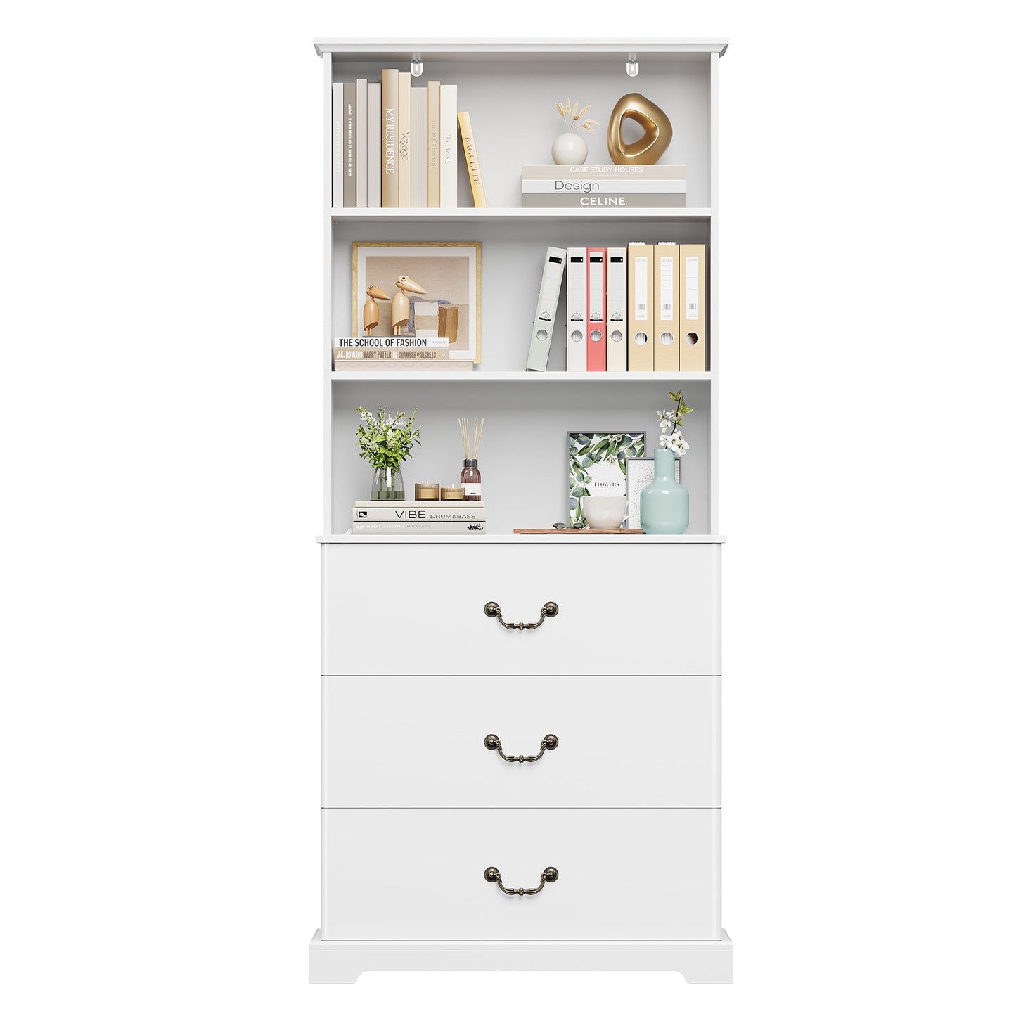 Homfa Bookcases Floor Standing 3 Shelf Display Storage Shelves with 3 Drawers, 71 in Tall Bookcase for Home Office, Living Room, Bed Room, White