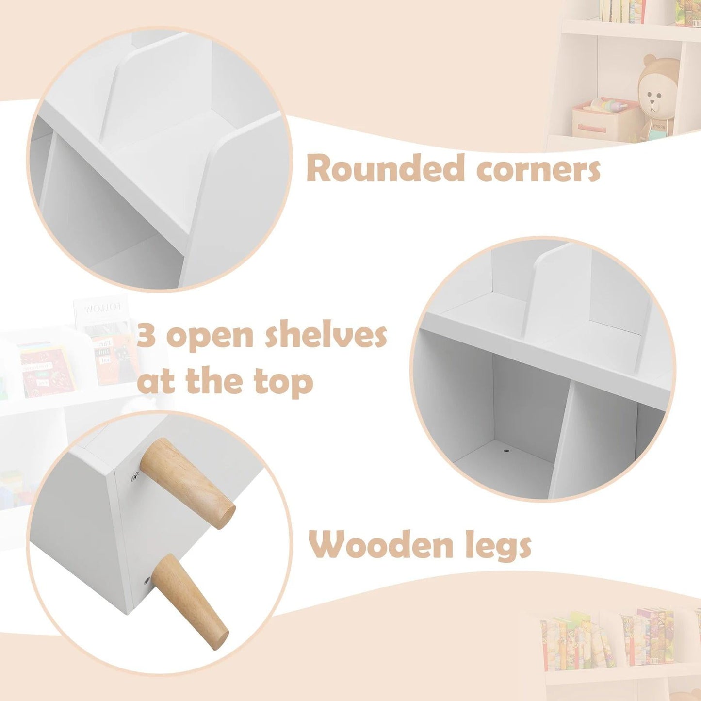 Glavbiku Kids Wood Bookshelf with 5 Open Cubbies 2-Tier Baby Toy Organizer for Playing Room,White