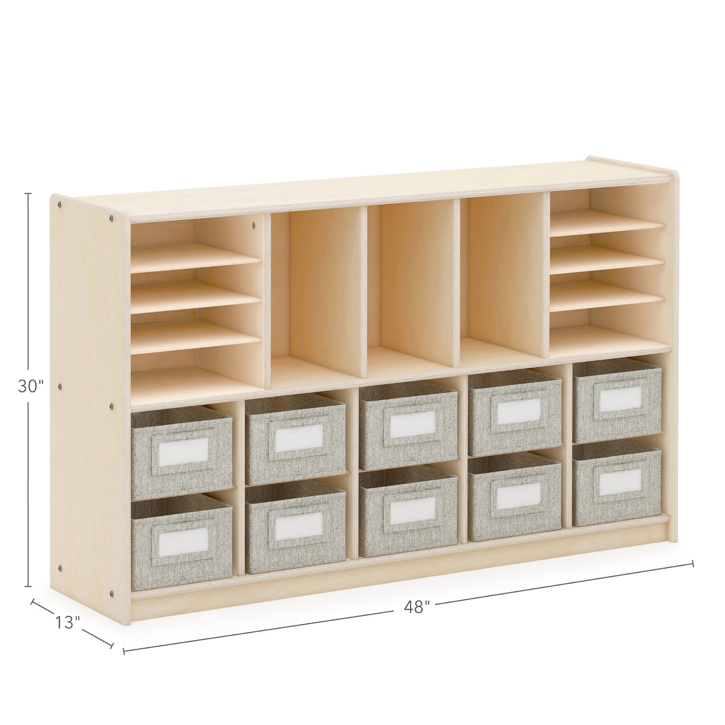 Guidecraft EdQ Shelves and 10 Bin Storage Unit 30in Natural: Wooden Bookcase with Compartments for Kids' Toys and Books in Playroom