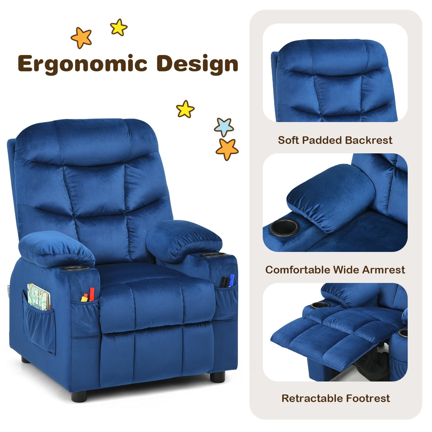 Infans Kids Youth Recliner Chair Velvet Fabric w/Cup Holder & Side Pocket Blue
