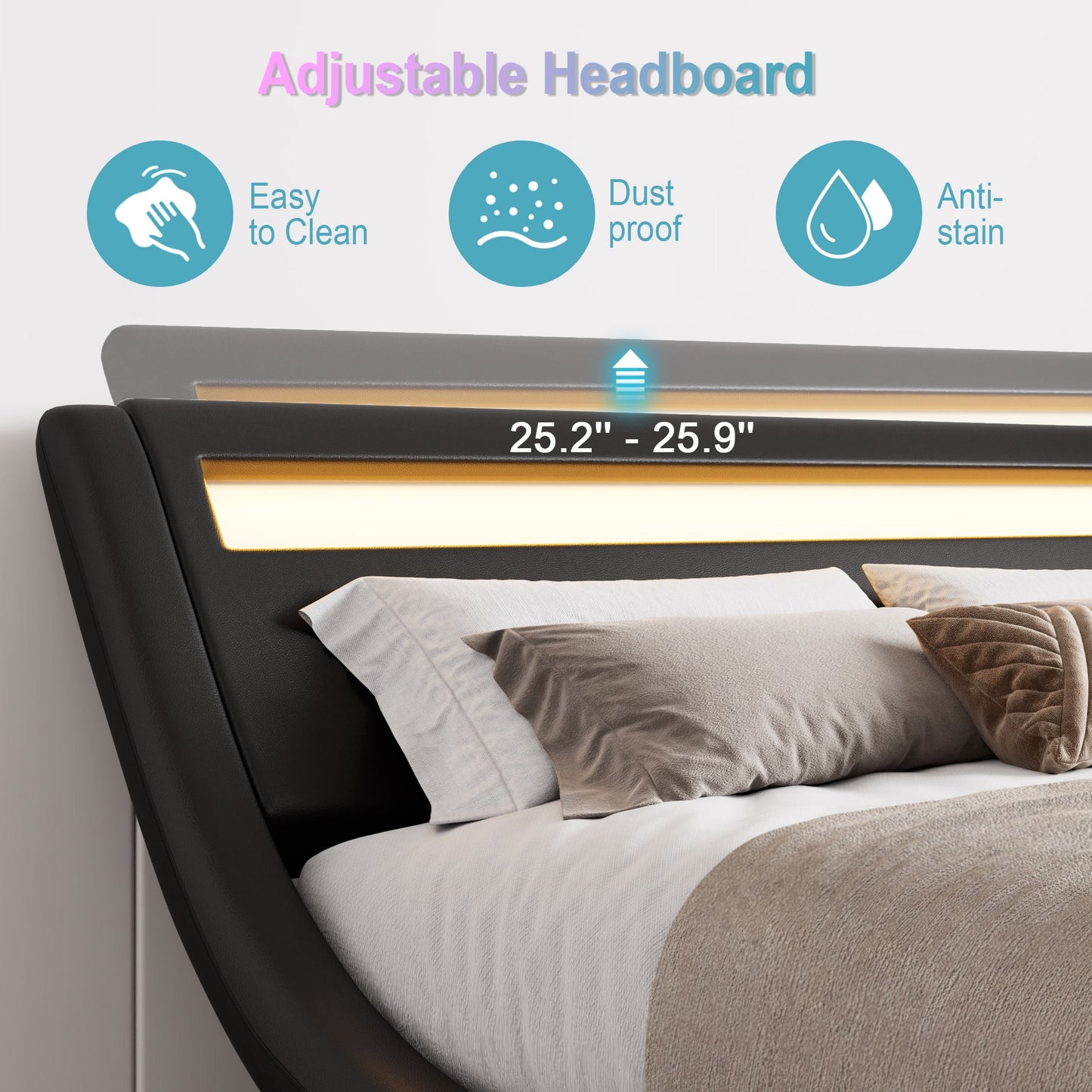 Amolife Full Size Wave-Like Curve Deluxe Upholstered Modern Bed Frame with LED Headboard, Black