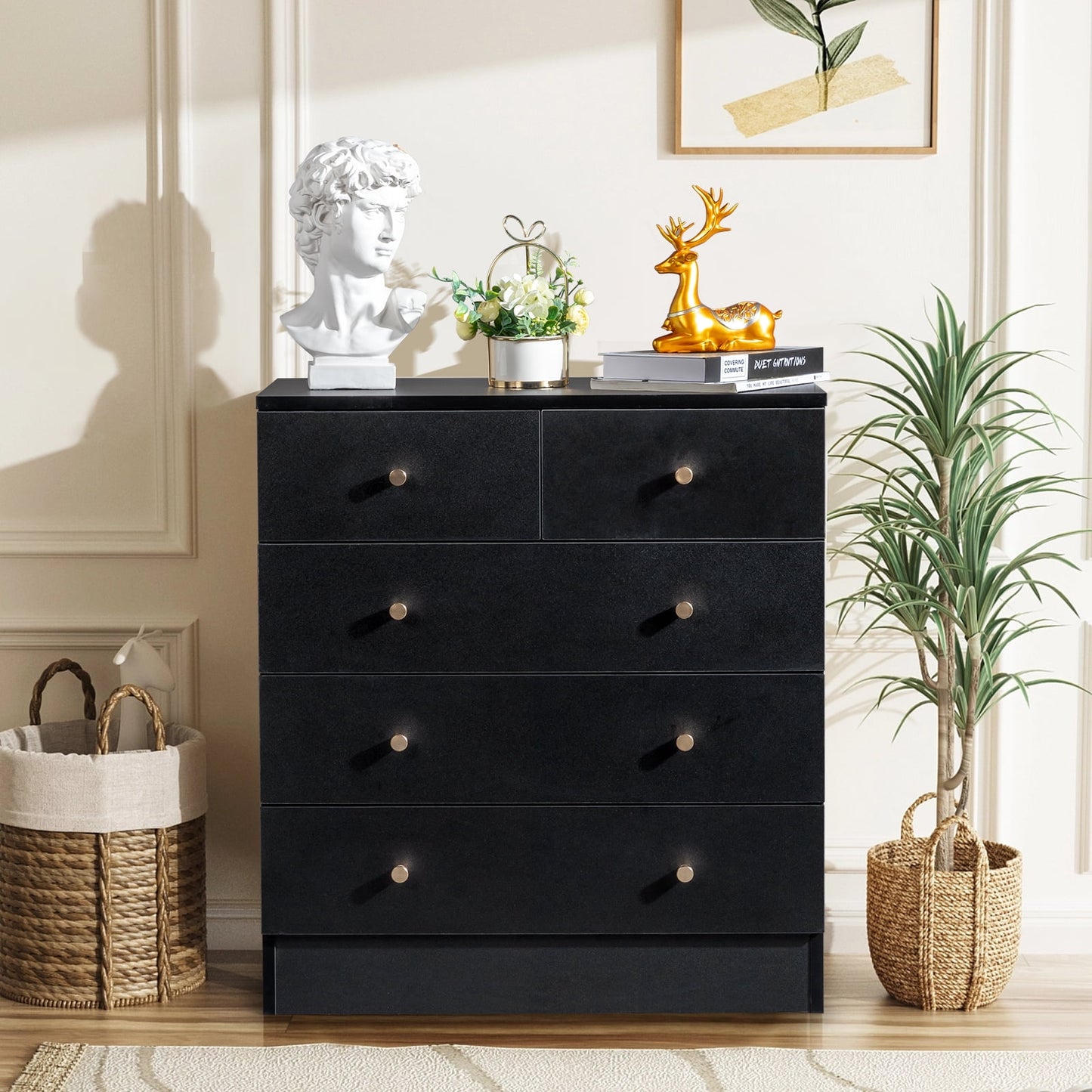 iTopRoad Wooden Dresser Chests with 5 Drawers, Modern Wood Chest of Drawers, Versatile Storage Cabinet for Bedroom, Living Room, and Hallway, Black