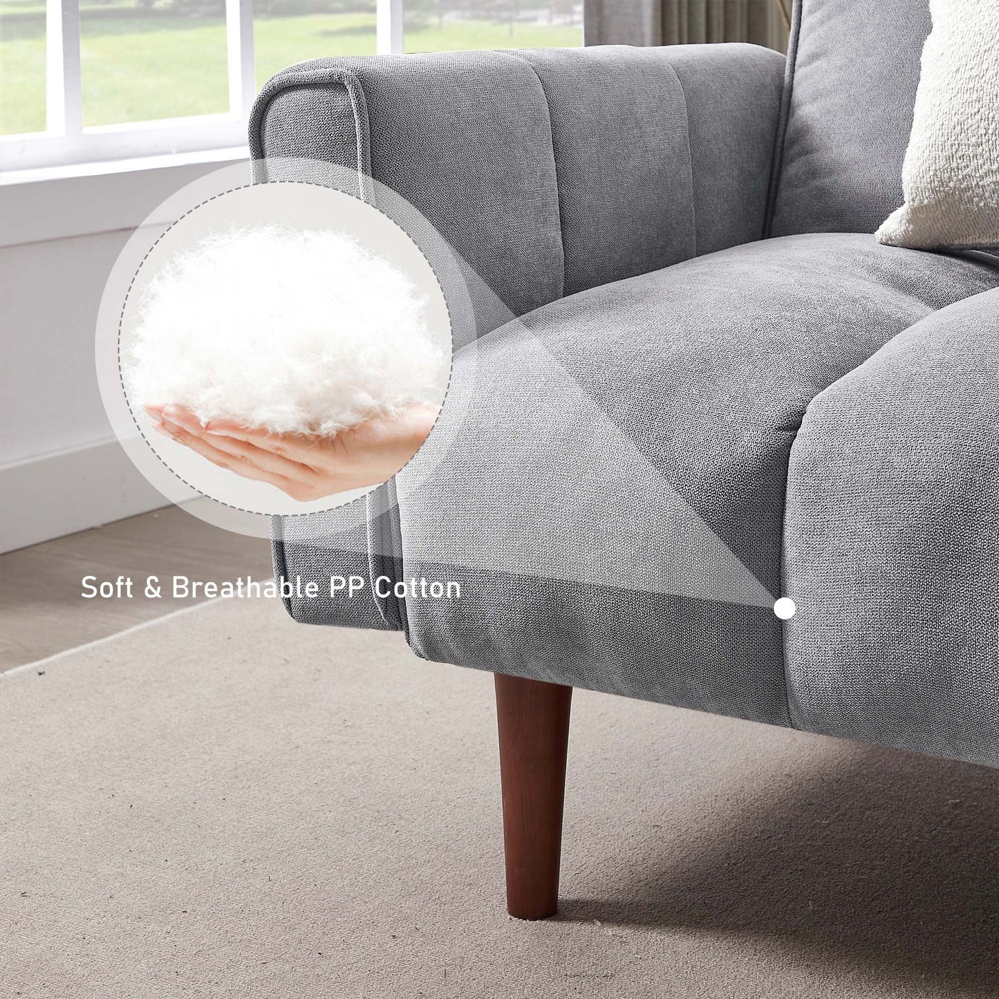 Aukfa 81in Oversized Futon Convertible Sofa Bed, Tufted Couch for Living Room, 2 Pillow, Linen, Gray