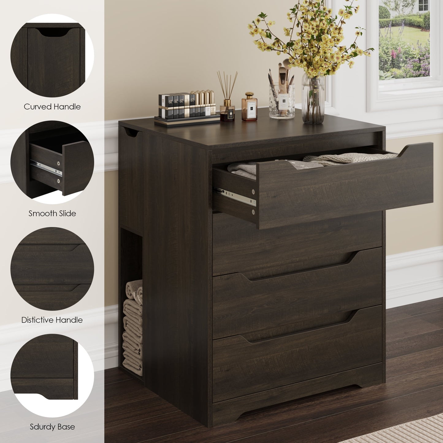 Homfa Dresser of 4 Drawers with Flip Top, Compact Nightstand Dresser Chest with Side Storage for Bedroom Living Room, Dark Brown