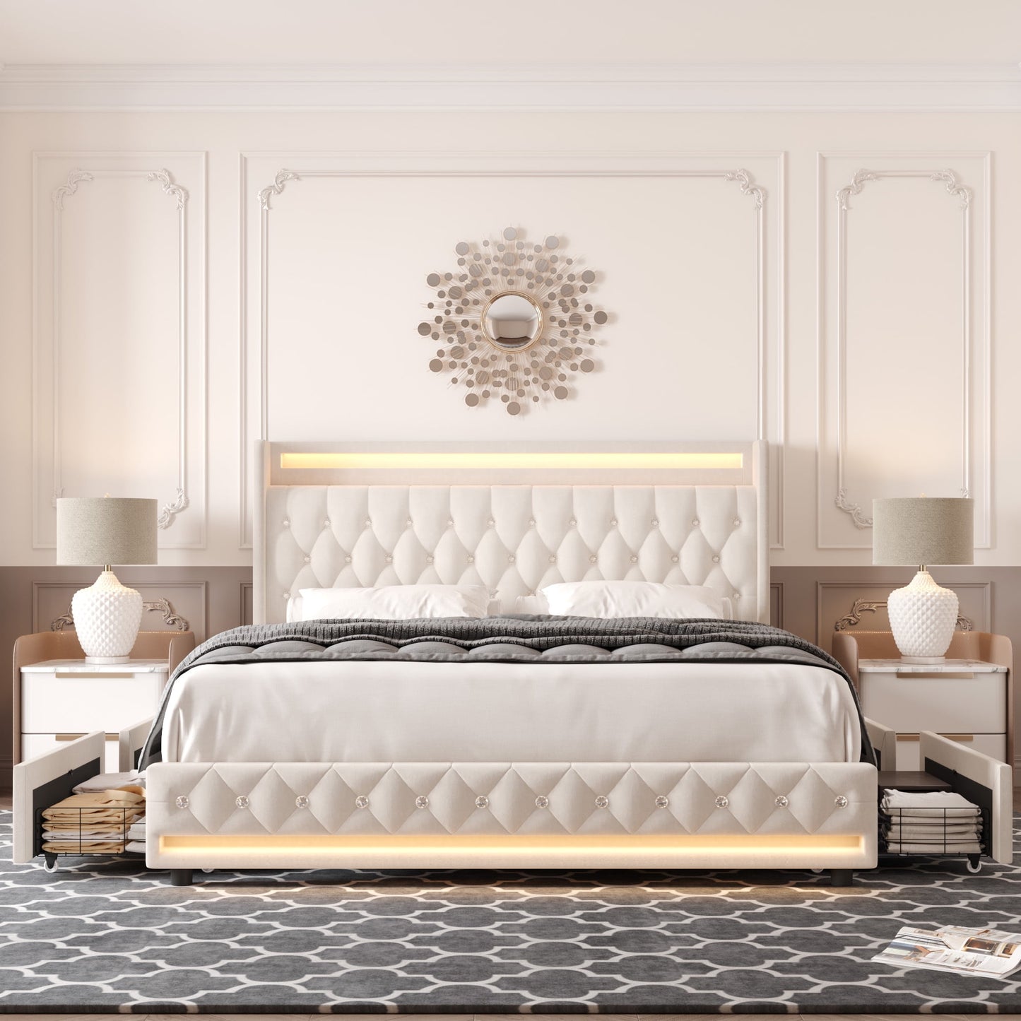 Homfa Full Size LED Bed Frame with Outlets and USB Ports, 4 Storage Drawers Modern Wingback Crystal Button Tufted Velvet Upholstered Platform Bed Frame, Beige