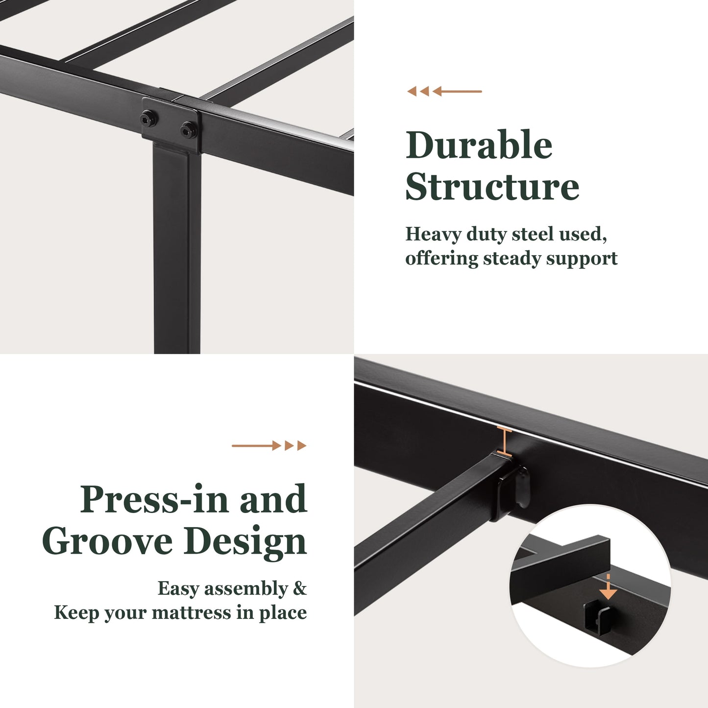 Amolife King Size Metal Bed Frame with Upholstered Headboard, Dark Grey