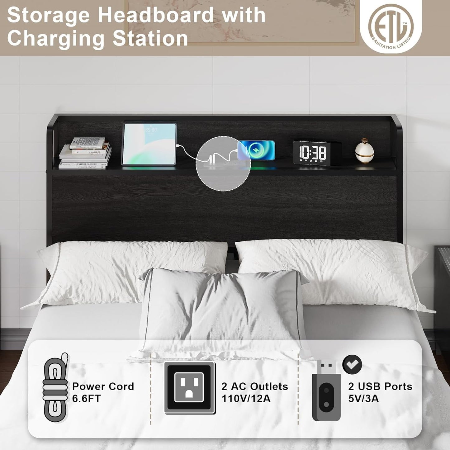 AMERLIFE Queen Size Lift Up Storage Bed Frame, Wooden Platform Bed Frame with Lifting Storage & Charging Station, No Spring Box Needed/Noise Free, Black