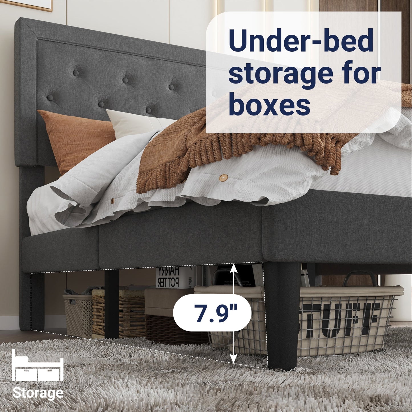 Allewie King Size Bed Frame Upholstered Platform Bed with Adjustable Headboard, Box Spring not Needed, Dark Grey