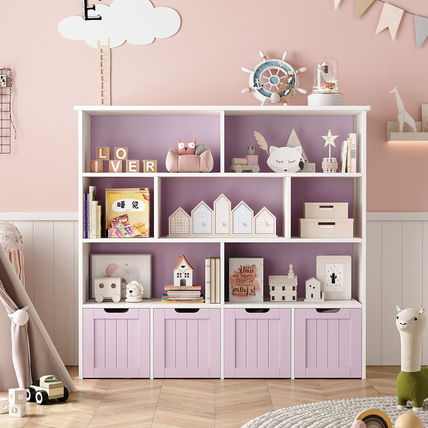 Homfa Kids Geometric Bookcase with 4 Drawers, 7 Cube Toy Storage Organizer, Pink & White