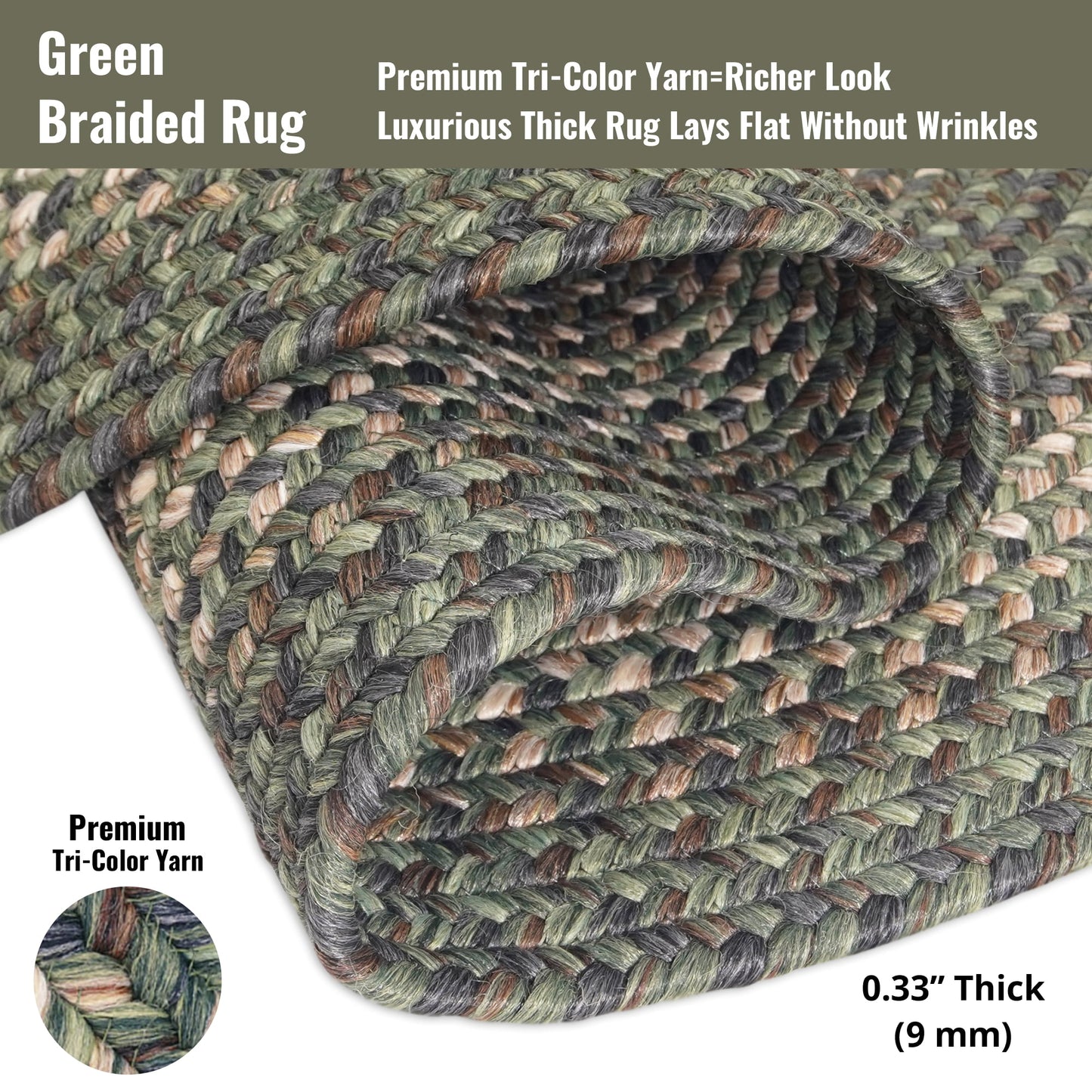 Homespice Cedar Ridge Sage Green Braided Rug, Ideal as Out Door Rug for Entryways and Washable Kitchen Rugs - Stain Resistant Small Reversible Pet Friendly Rugs Oval 27x45in Inches