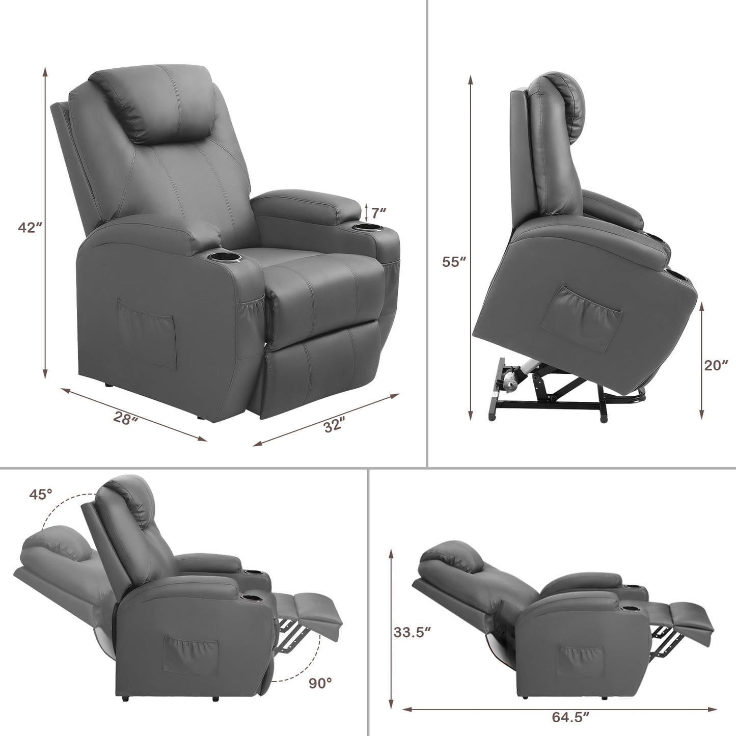 Homall Power Lift Recliner Chair PU Leather for Elderly with Ergonomic Lounge Chair Single Sofa Gray