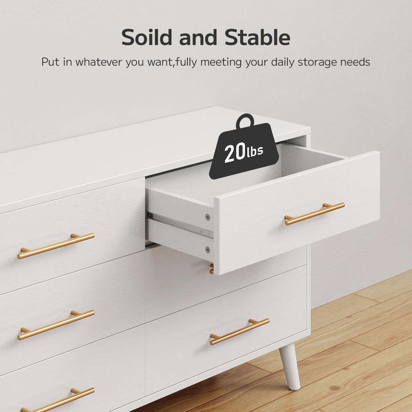 Asofer 6 Drawer Dresser with Gold Metal Handle, Double Wood Storage Chest for Bedroom Living Room, White