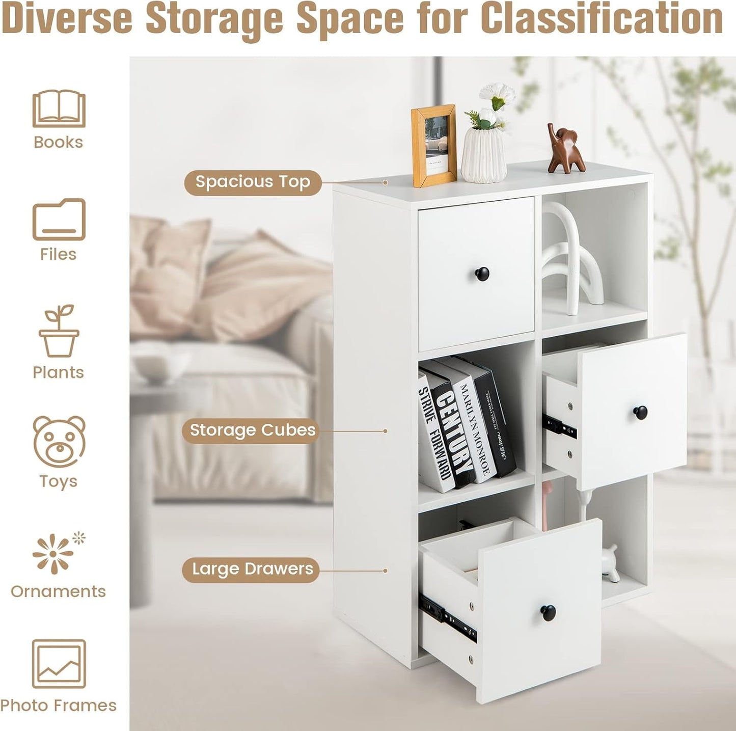 6 Cube Bookcase with Drawers, 3-Tier Modern Wood Bookshelf with Anti-toppling Device, Multipurpose 6 Cube Storage Organizer for Kids Room, Living Room, Study, Bedroom (White)