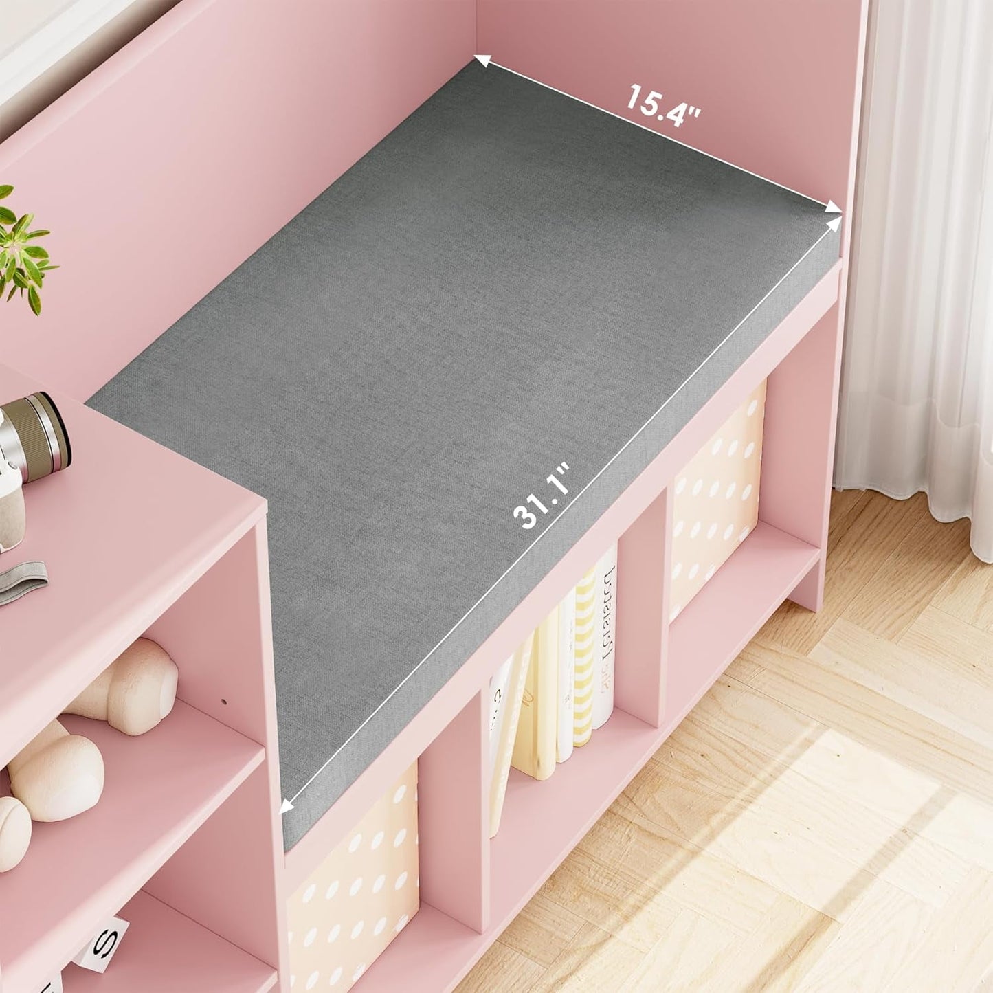 HOUSUIT 43.3in Kids Reading Nook Bench, Nursery Bookshelf and Bookcase with Seat Cushion, 6-Cubby Book Shelf Storage Organizer for Playroom, Bedroom, Living Room, Entryway, White