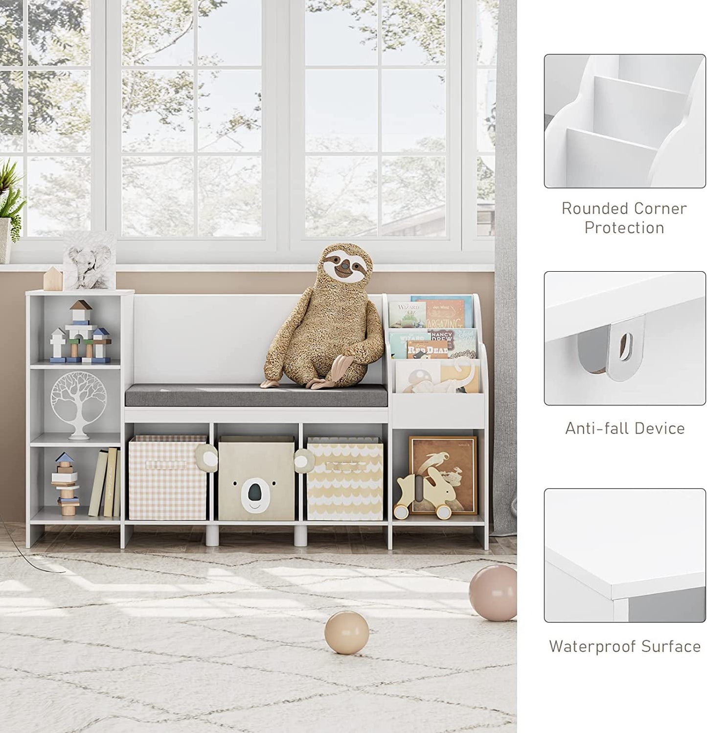 HOUSUIT Kids Bookshelf with Reading Nook, Bookcase with Seat Cushion and Adjustable Shelf, Storage Bench with Book Rack for Bedroom, Entryway, Playroom, 15.7in D x 54.5in W x 31.5in H, White