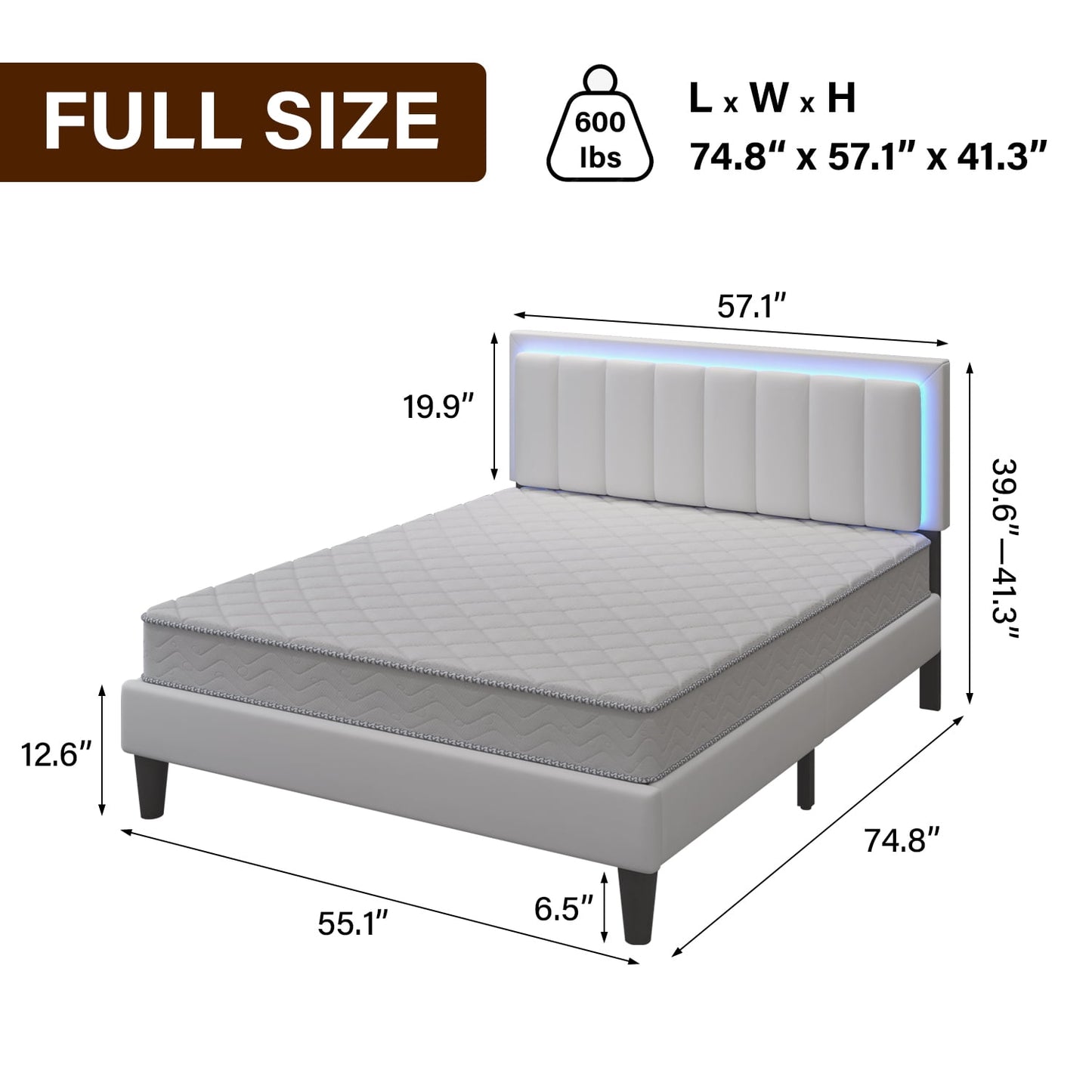 4 EVER WINNER Full Size LED Bed Frame, Upholstered Platform Bed Frame with LED Light Headboard, White